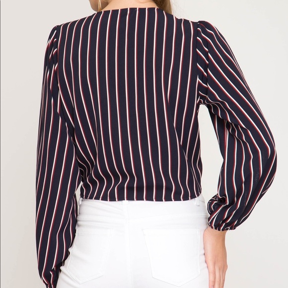 Navy Pin-Striped Long Sleeve Tied Crop Top - Picture 5 of 8